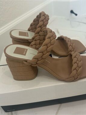 Dolce Vita Braided Two-Strap Tan Block Heel Mules